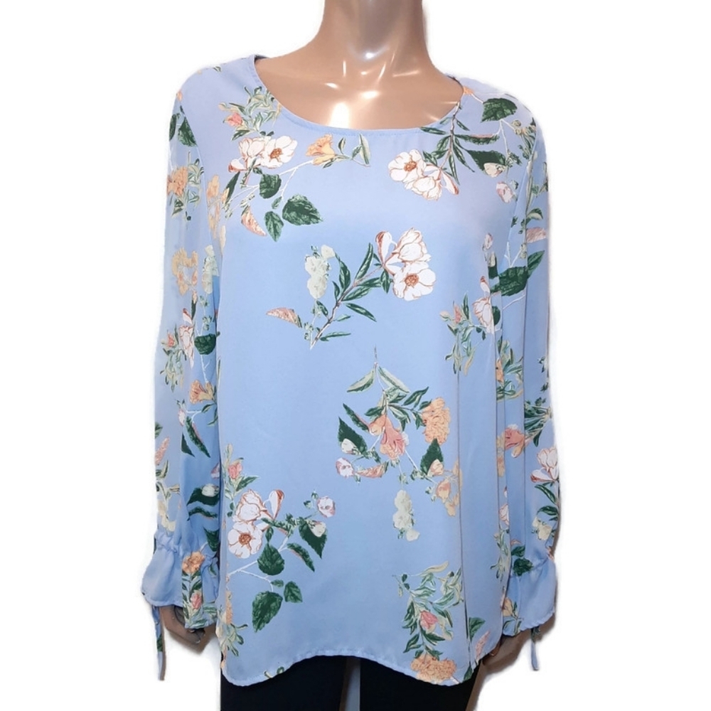 Rose & Thyme Floral Flare Tie Cuff Long Sleeve Blouse Keyhole Scoop Neck